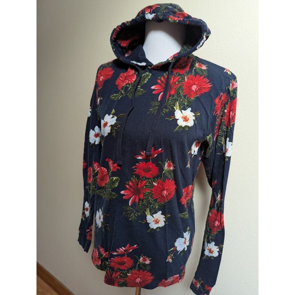 Navy Floral Pullover Hoodie for Women, Long Sleeve, Drawstring, Hooded